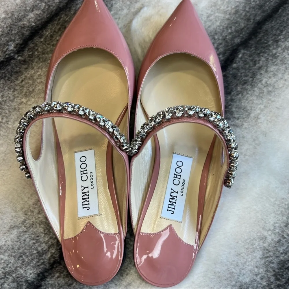 Jimmy Choo Bing Embellished Strap Point Toe Blush Patent Leather Pump Flats - Picture 2 of 10